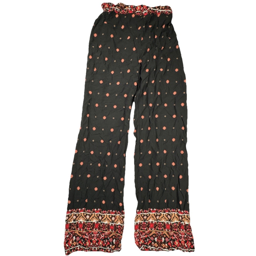 Yada Wide Leg Pants Boho Smocked Waist‎ Geometric Border Print Black Red